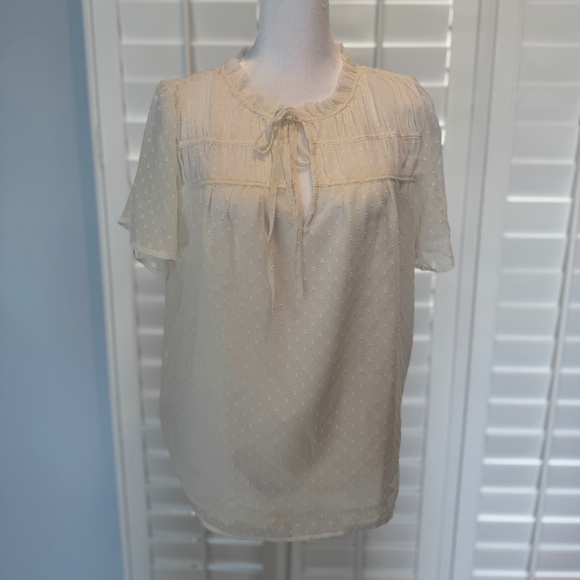 Loft Ruffle Neckline Short Sleeve Blouse Women Size Small White - Picture 2 of 14